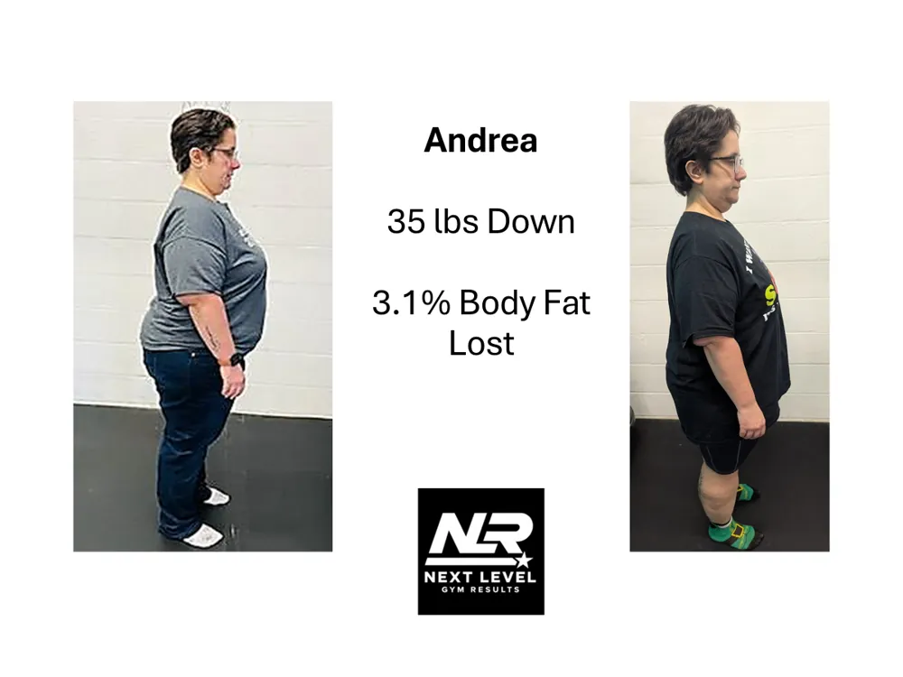 Andrea before and after at Next Level Gym Results: 35 lbs down